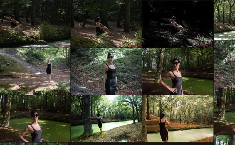 Spaziergang in der Natur in einem kurzen schwarzen Kleid